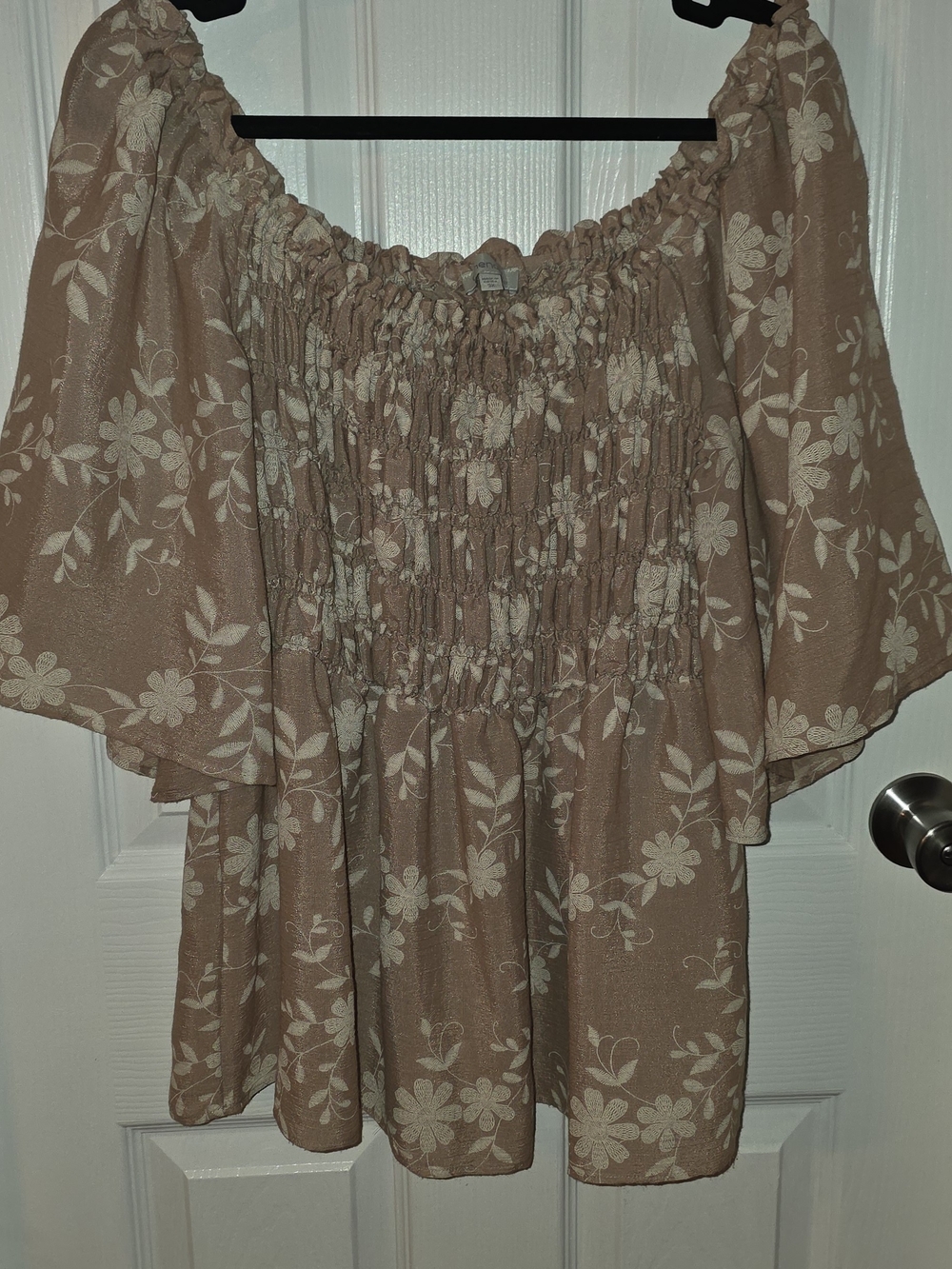 Chenault Taupe Floral Smocked Off-Shoulder Blouse